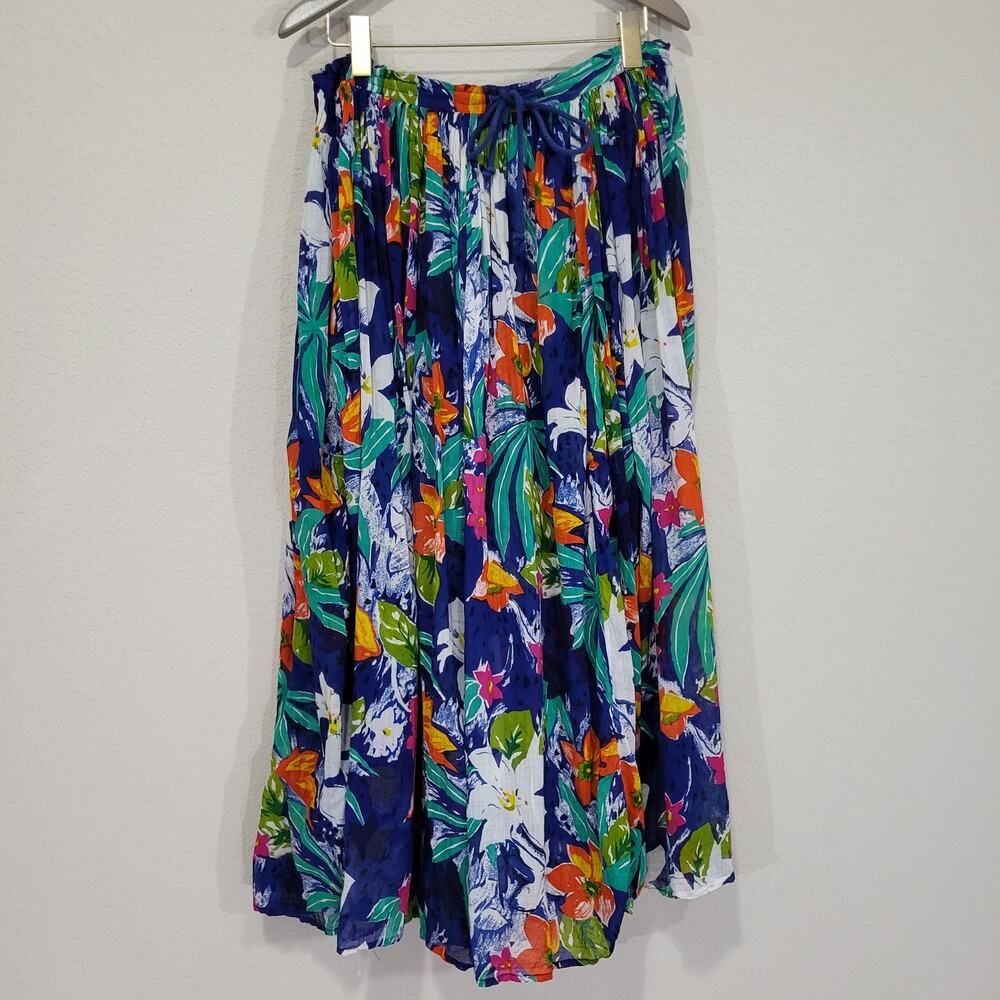 Vintage Midi / Maxi Skirt Tony France Size M Blue Floral Summer Tropical Casual